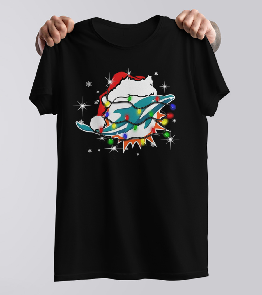 Miami Dolphins Santa Hat Christmas Lights Snowflakes T-Shirt