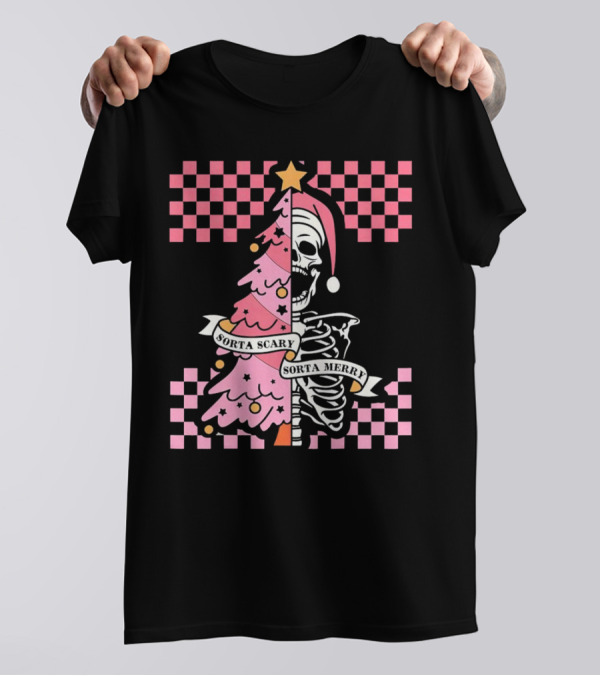 Skeleton Sorta Scary Sorta Merry Christmas Tree Split T-Shirt