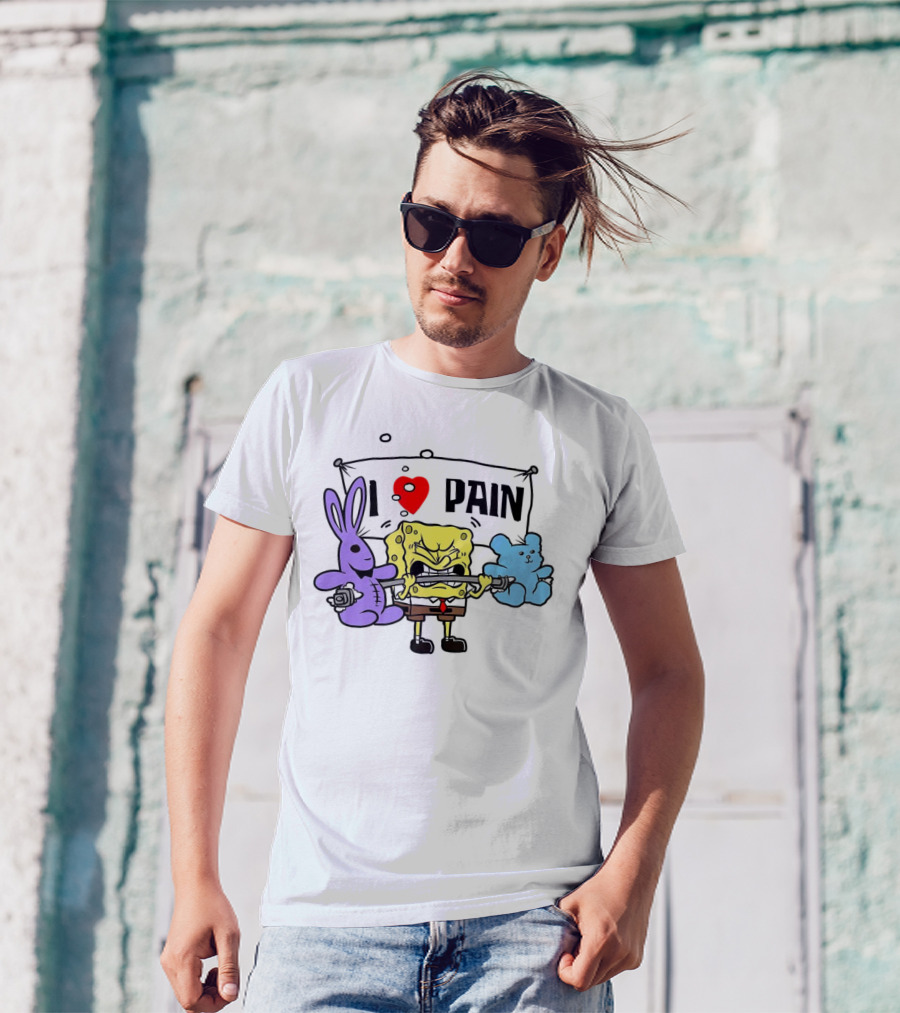 SpongeBob I Love Pain Weightlifting With Purple Bunny And Blue Bear T-Shirt