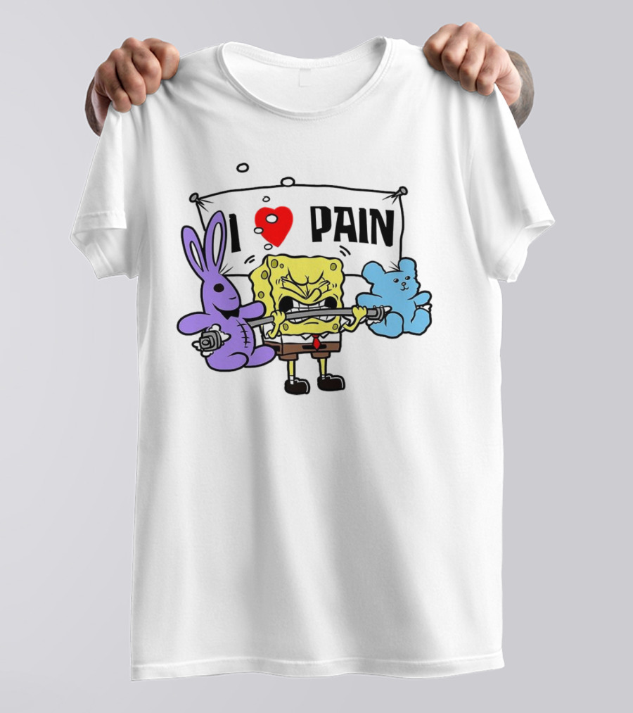 SpongeBob I Love Pain Weightlifting With Purple Bunny And Blue Bear T-Shirt