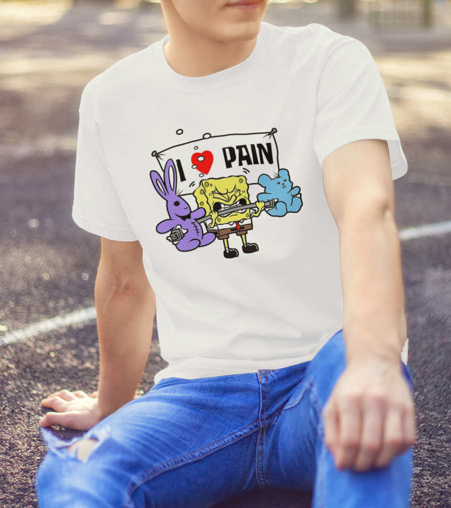 SpongeBob I Love Pain Weightlifting With Purple Bunny And Blue Bear T-Shirt