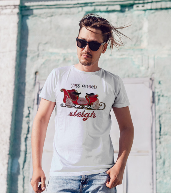 Yass Queen Sleigh Glamorous Red Lips Eyelashes Fierce Holiday T-Shirt