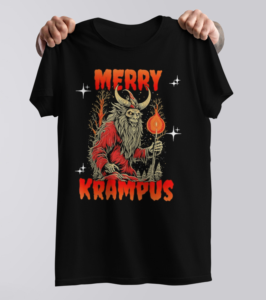 Merry Krampus Horror Christmas Demon With Fiery Torch In Forest Scene T-Shirt