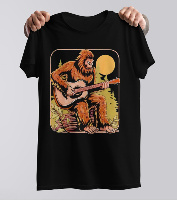 Bigfoot Playing Acoustic Guitar In Forest Scene T-Shirt
