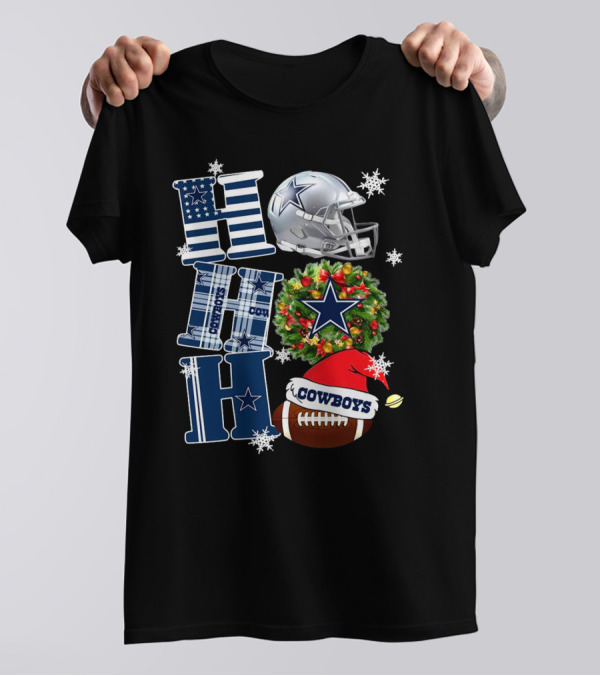 Dallas Cowboys NFL Ho Ho Ho Christmas Football Helmet Wreath Santa Hat T-Shirt