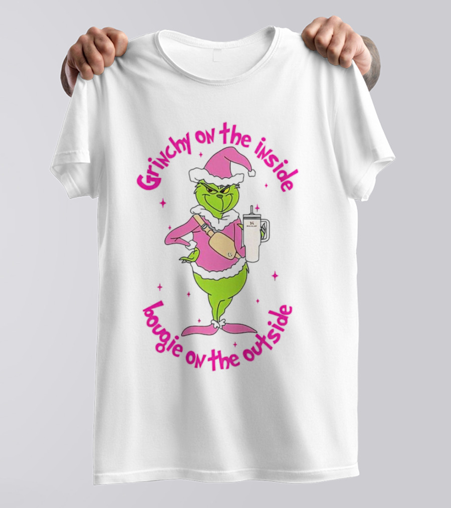 Grinchy On The Inside Bougie On The Outside Pink Hat Coffee Mug Christmas T-Shirt