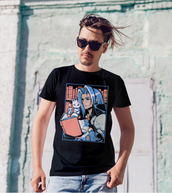 Sephiroth Reading In Basement Library With Cats And Books T-Shirt