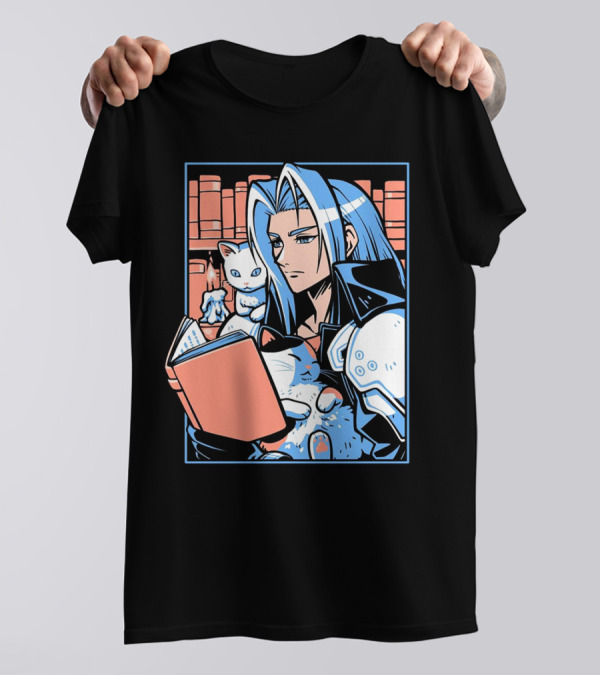 Sephiroth Reading In Basement Library With Cats And Books T-Shirt