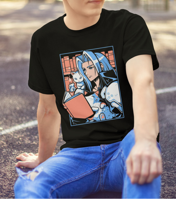 Sephiroth Reading In Basement Library With Cats And Books T-Shirt