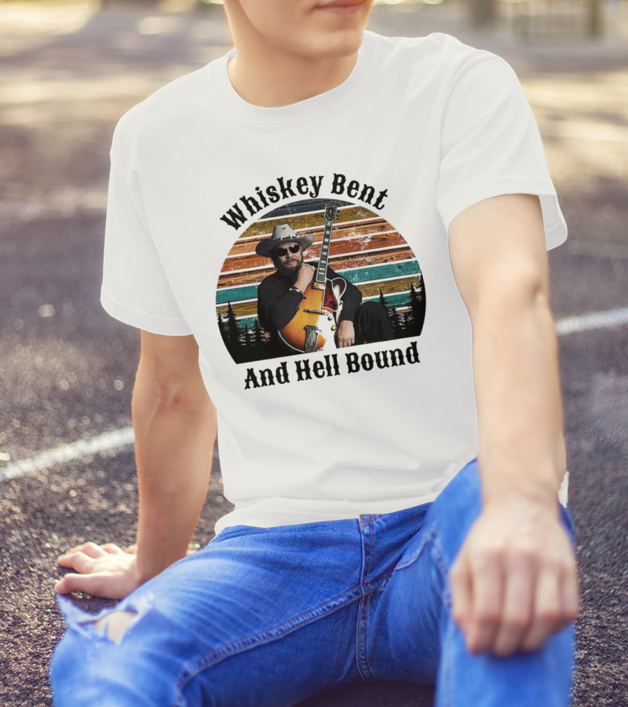 Whiskey Bent And Hell Bound Cowboy With Guitar Retro Sunset T-Shirt
