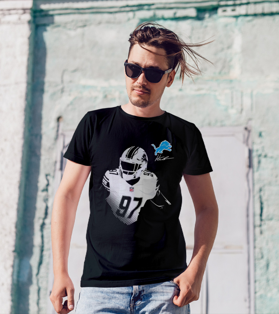 Aidan Hutchinson #97 Detroit Lions NFL Blue Lion Logo Football Player T-Shirt