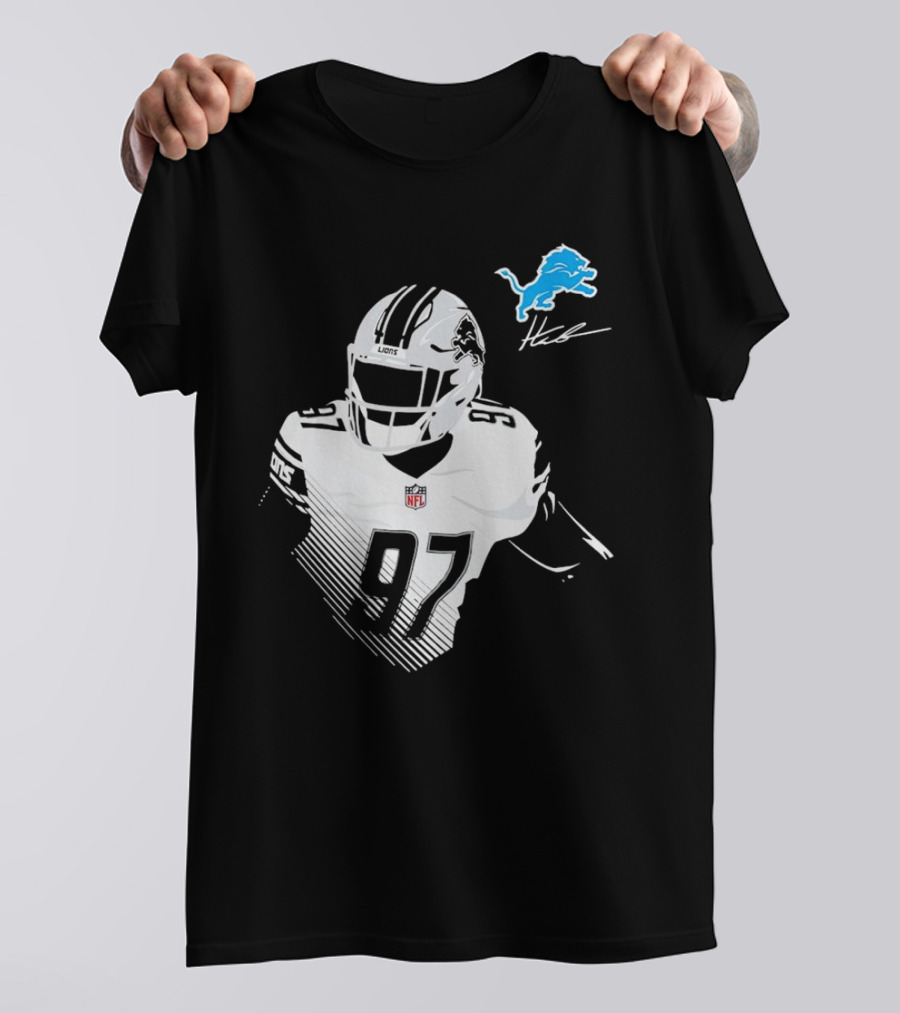 Aidan Hutchinson #97 Detroit Lions NFL Blue Lion Logo Football Player T-Shirt