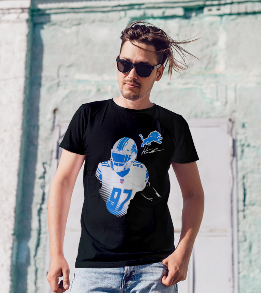 Aidan Hutchinson Detroit Lions Player Signature 97 NFL Logo Lions Helmet T-Shirt