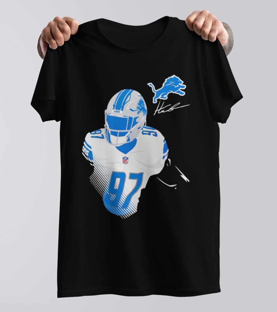 Aidan Hutchinson Detroit Lions Player Signature 97 NFL Logo Lions Helmet T-Shirt