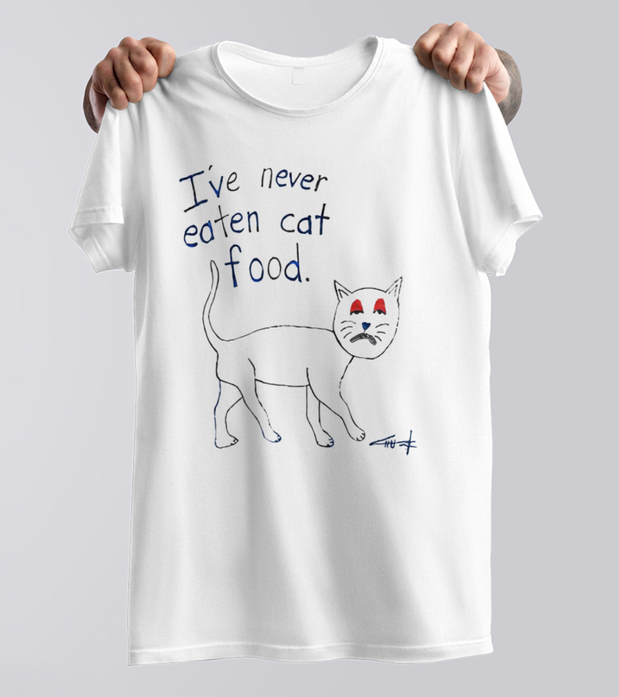 I’ve Never Eaten Cat Food Black Cat Drawing With Blue Mustache And Red Eyes T-Shirt