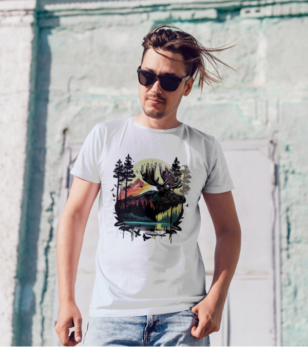 Moose In The Forest With Sunset And Mountain Landscape T-Shirt