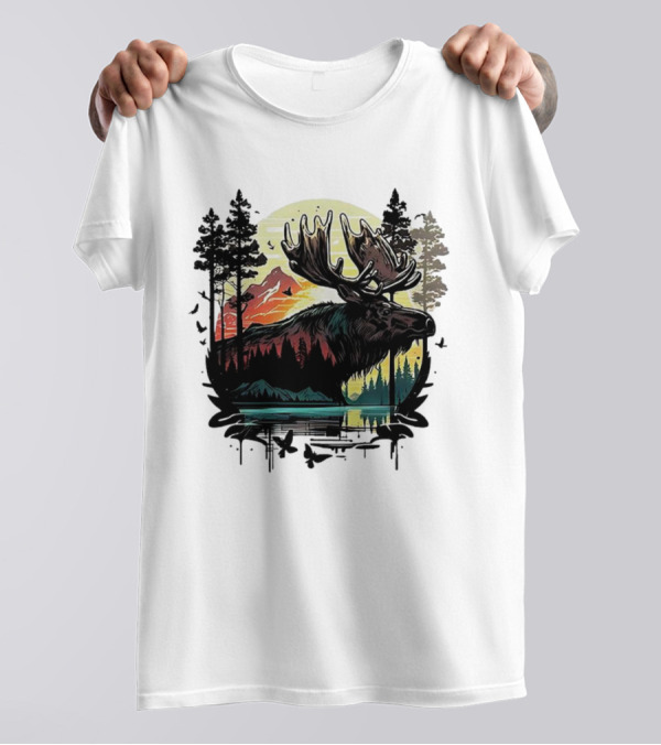 Moose In The Forest With Sunset And Mountain Landscape T-Shirt