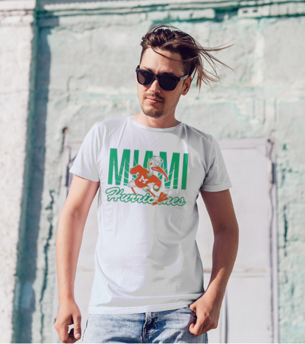 Miami Hurricanes Sebastian The Ibis Mascot With Bold Lettering T-Shirt