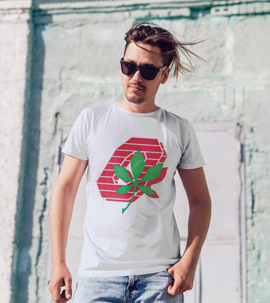 Ohio State Buckeyes Scarlet And Gray O With Green Leaf Emblem T-Shirt