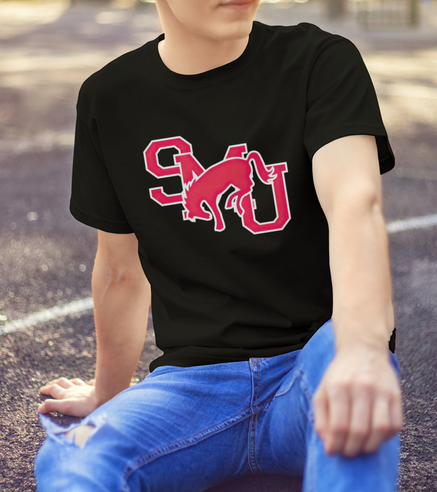 SMU Mustangs Red Logo With Jumping Mustang T-Shirt
