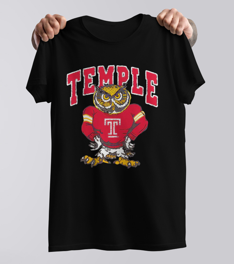 Temple Owls Football Mascot In Red Jersey With Bold Temple Text T-Shirt