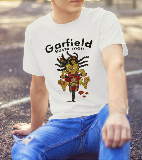 Garfield Rasta Man Dreadlocks Bicycle Whimsical Fun T-Shirt