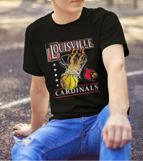 Louisville Cardinals Flaming Basketball Hoop T-Shirt