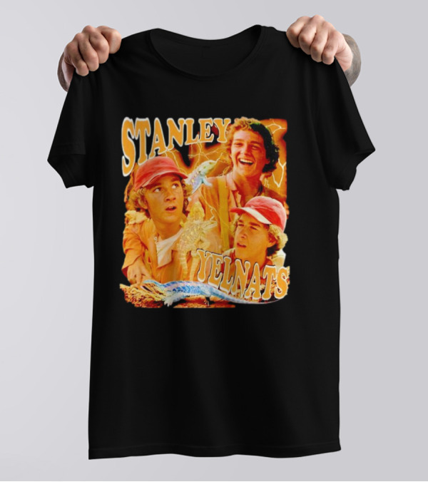 Stanley Yelnats Character Collage With Orange Background And Lizard T-Shirt