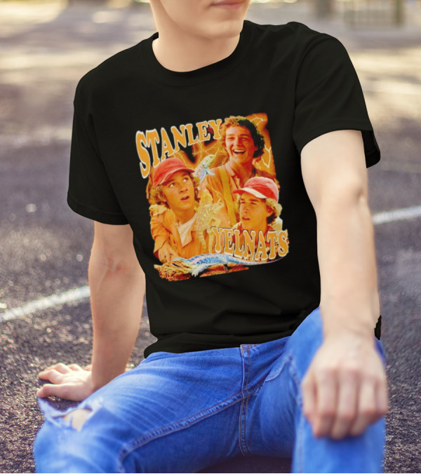 Stanley Yelnats Character Collage With Orange Background And Lizard T-Shirt
