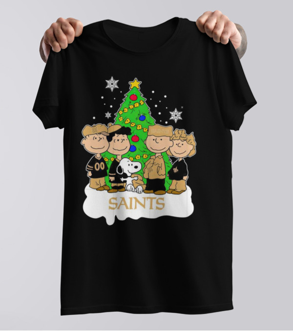 Peanuts Christmas New Orleans Saints Characters With Tree T-Shirt