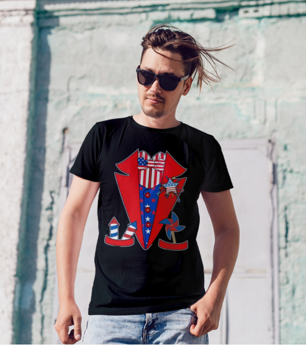 Patriotic Red White Blue Tuxedo With Stars Stripes And Rocket Pinwheels T-Shirt