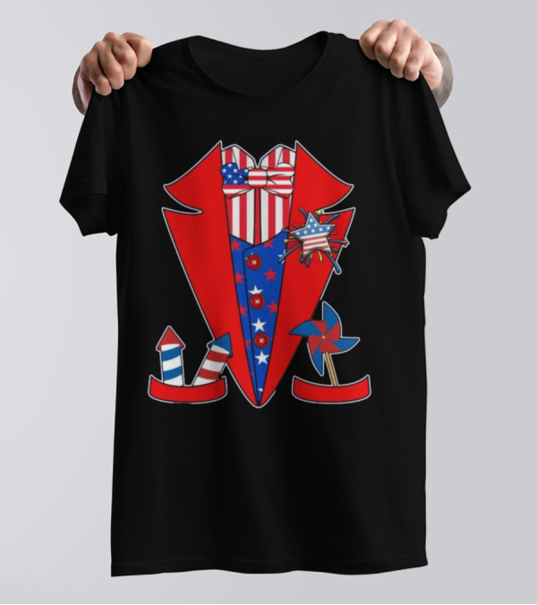 Patriotic Red White Blue Tuxedo With Stars Stripes And Rocket Pinwheels T-Shirt