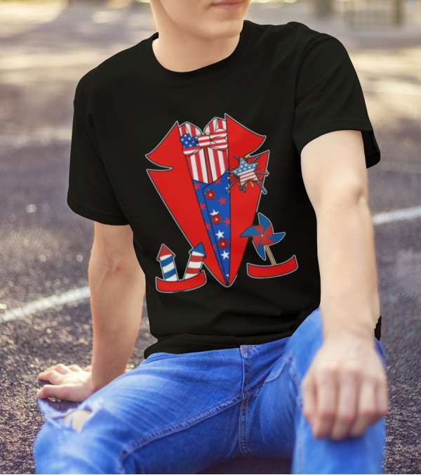 Patriotic Red White Blue Tuxedo With Stars Stripes And Rocket Pinwheels T-Shirt