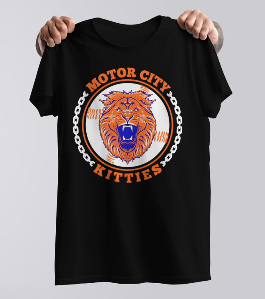 Motor City Kitties Baseball MLB Detroit Tigers Lion Chain Emblem T-Shirt