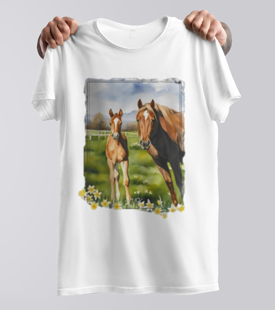 Ginger And Freddie Horses In Scenic Pasture With Daffodils T-Shirt