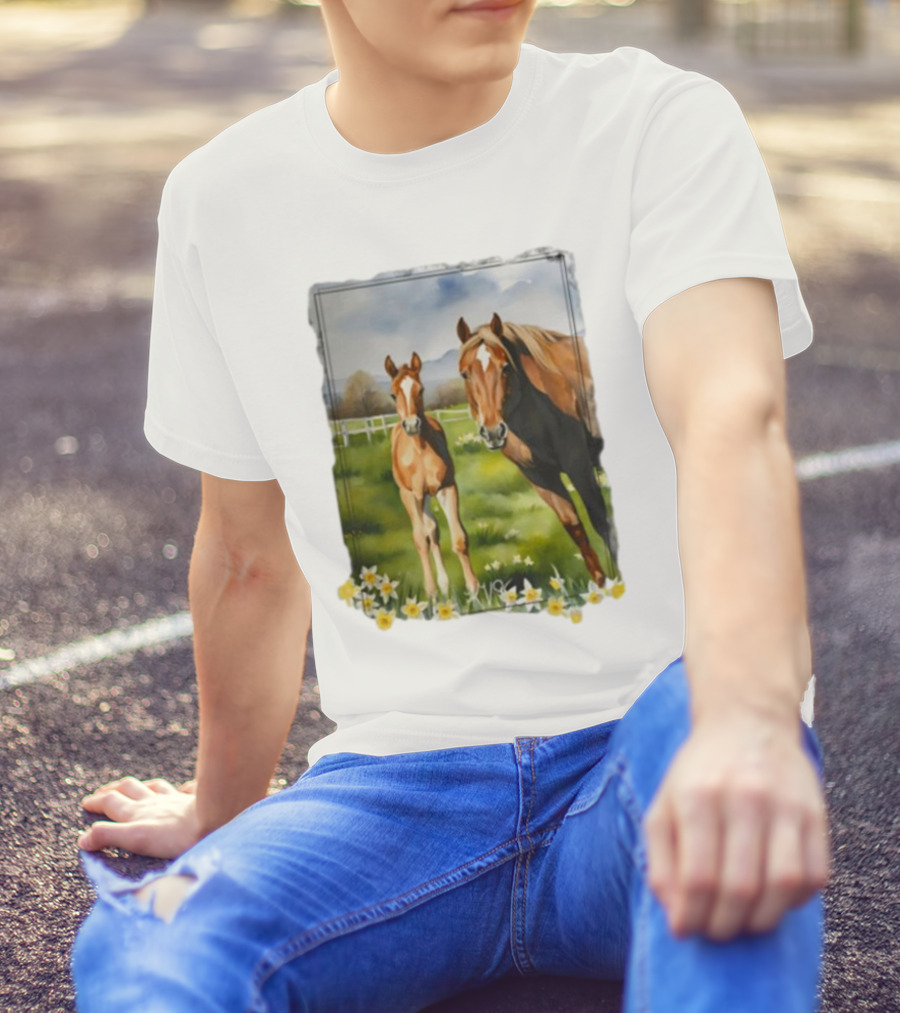 Ginger And Freddie Horses In Scenic Pasture With Daffodils T-Shirt