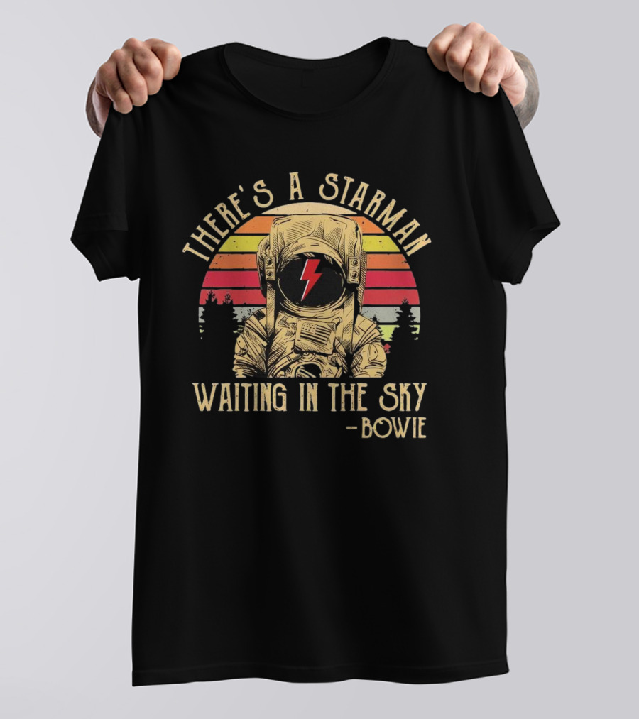 There's A Starman Waiting In The Sky Bowie Vintage Astronaut Rainbow Lightning T-Shirt