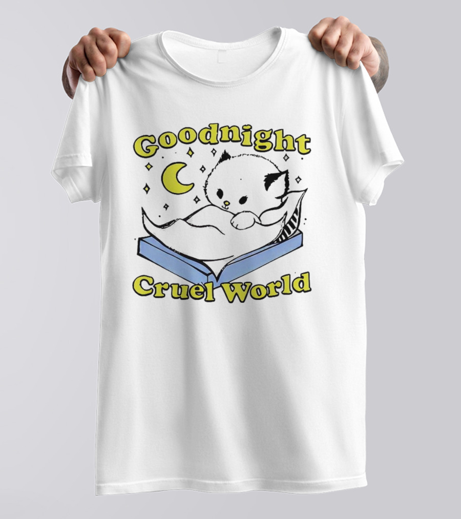 Goodnight Cruel World Cat On Open Book With Moon And Stars T-Shirt