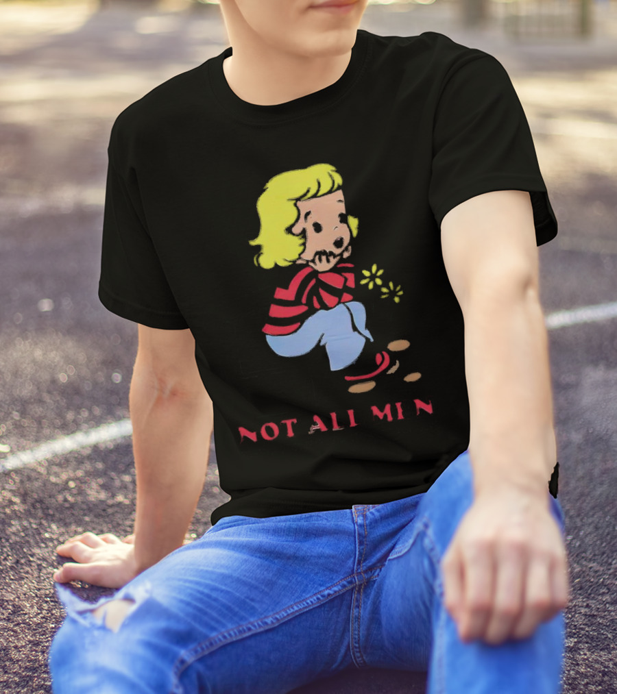 Not All Men But Somehow Always A Man Cartoon Character Sitting On Steps With Flowers T-Shirt