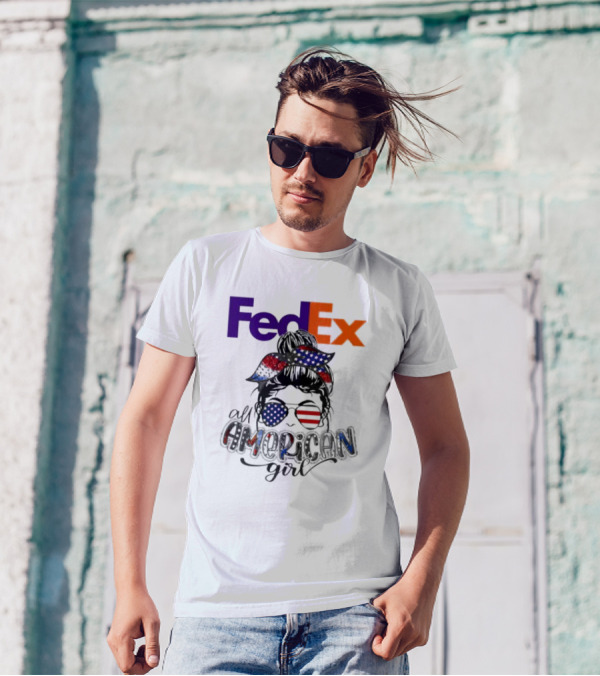 FedEx All American Girl Messy Bun Bandana And Sunglasses With Flag Elements T-Shirt