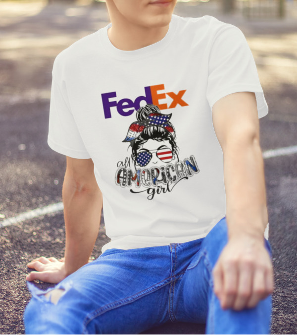 FedEx All American Girl Messy Bun Bandana And Sunglasses With Flag Elements T-Shirt