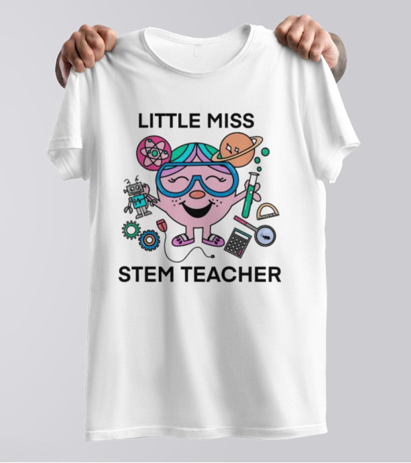 Little Miss STEM Teacher Science Icons Robot Atom Calculator Planets Gears T-Shirt