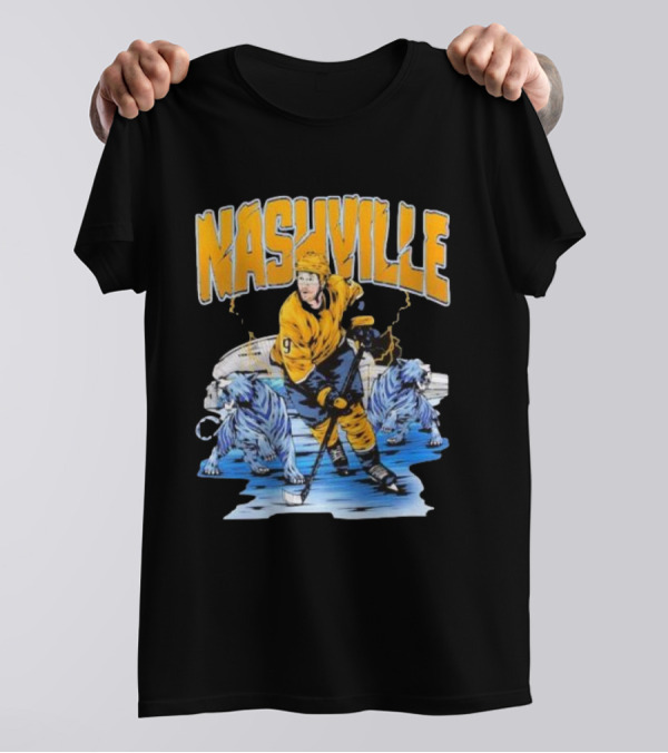 Nashville Predators Filip Forsberg Hockey Number 9 Action With Ice Background And Predators Lions T-Shirt