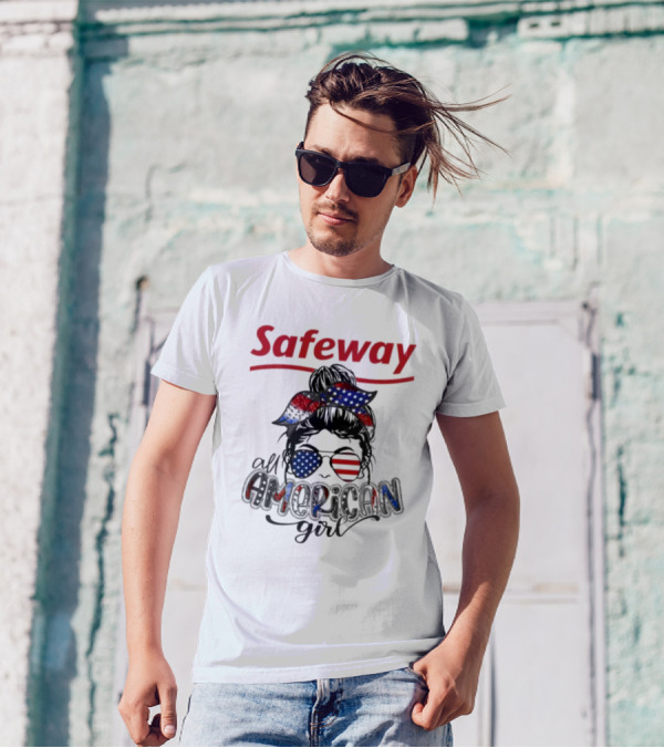 Safeway All American Girl Messy Bun Red White Blue Glasses Bandana T-Shirt