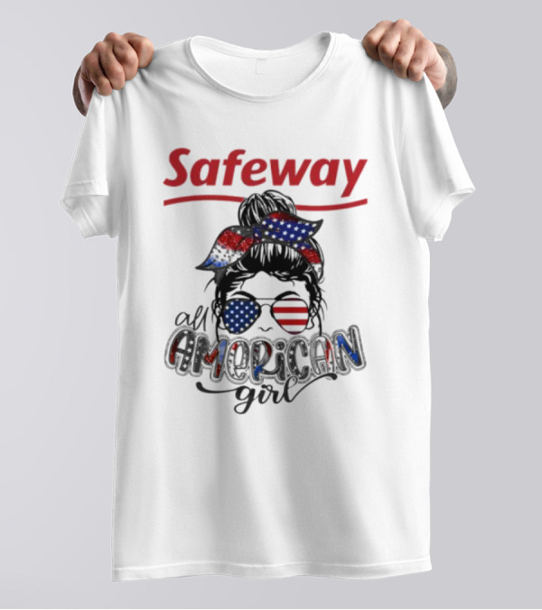 Safeway All American Girl Messy Bun Red White Blue Glasses Bandana T-Shirt