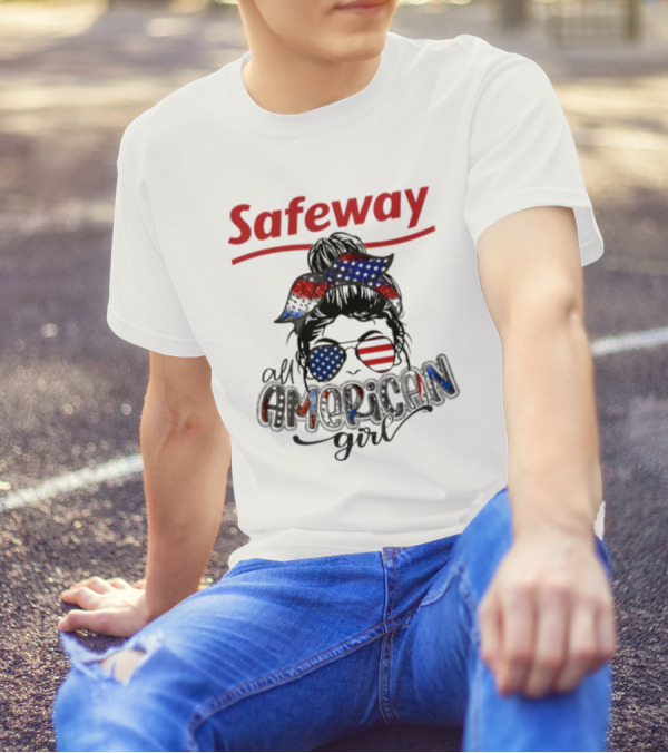Safeway All American Girl Messy Bun Red White Blue Glasses Bandana T-Shirt