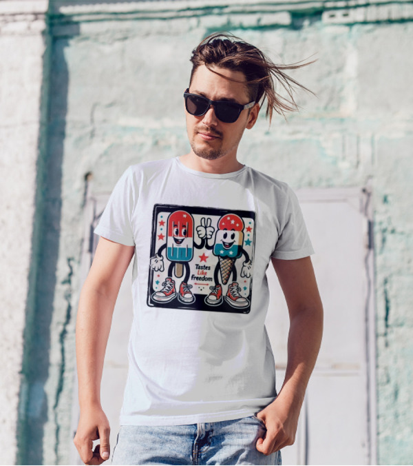 Tastes Like Freedom Popsicle And Ice Cream Characters With Stars And Sneakers T-Shirt