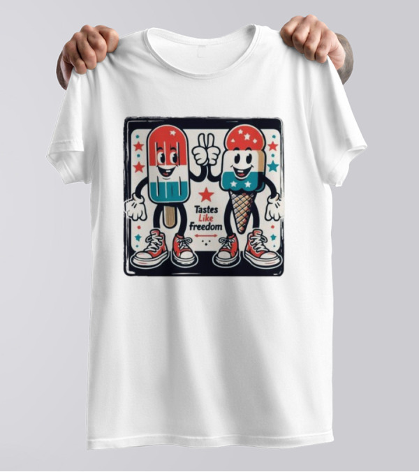 Tastes Like Freedom Popsicle And Ice Cream Characters With Stars And Sneakers T-Shirt
