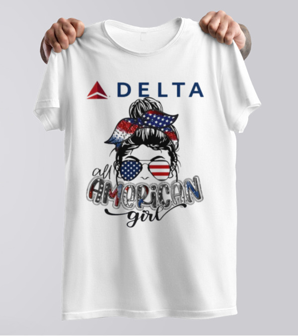 Delta Air Lines All American Girl Messy Bun Stars Stripes Bandana Sunglasses T-Shirt