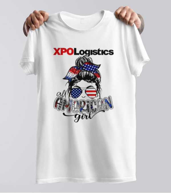 XPO Logistics All American Girl Messy Bun Red White Blue Glasses Stars Stripes T-Shirt
